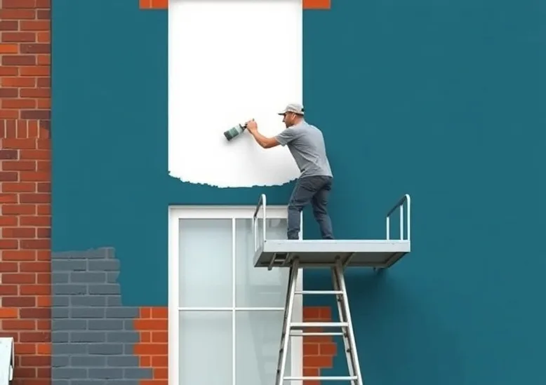 Peintre sur échafaudage traitant la façade d'une maison