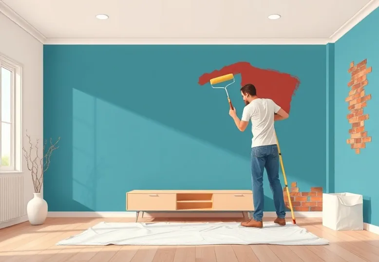 Peintre appliquant la peinture au rouleau sur un mur de salon